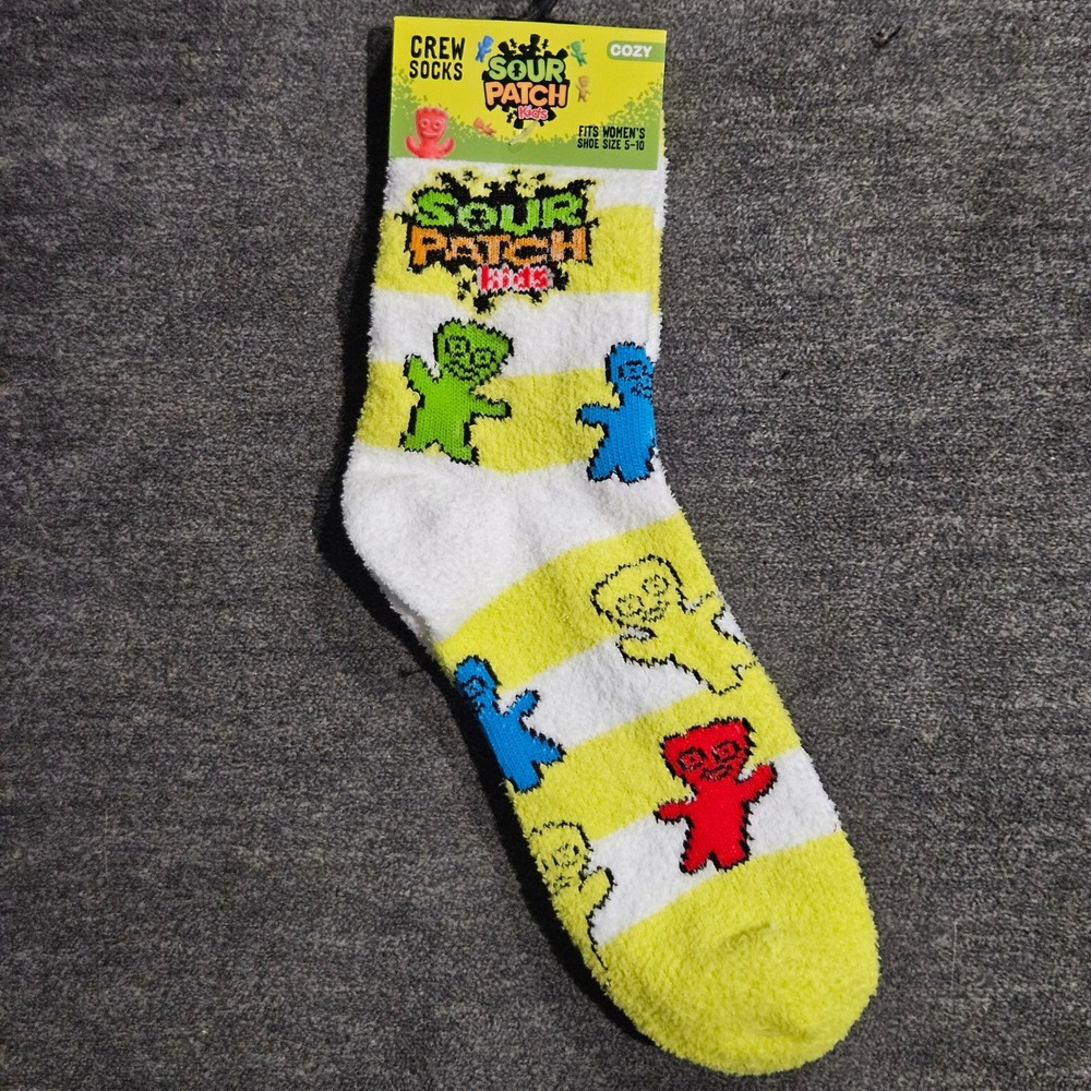 Sour Patch Kids Women Yellow White Striped Cozy Crew Socks Size 5-10